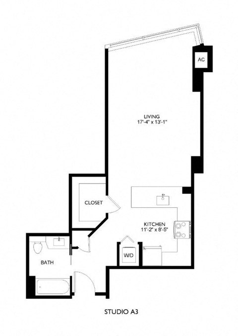 Floor plan for studio, 1 bath, 619 sqft